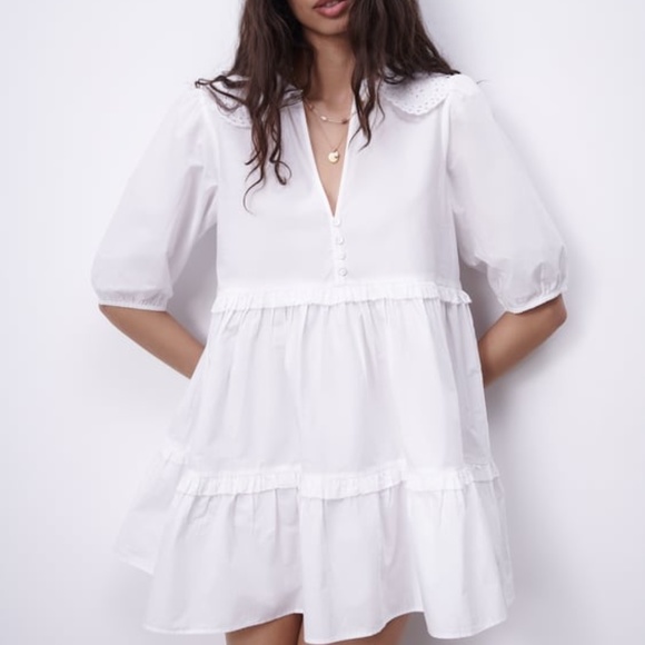 Zara Contrasting Poplin Dress With Bib Collar - Picture 1 of 9